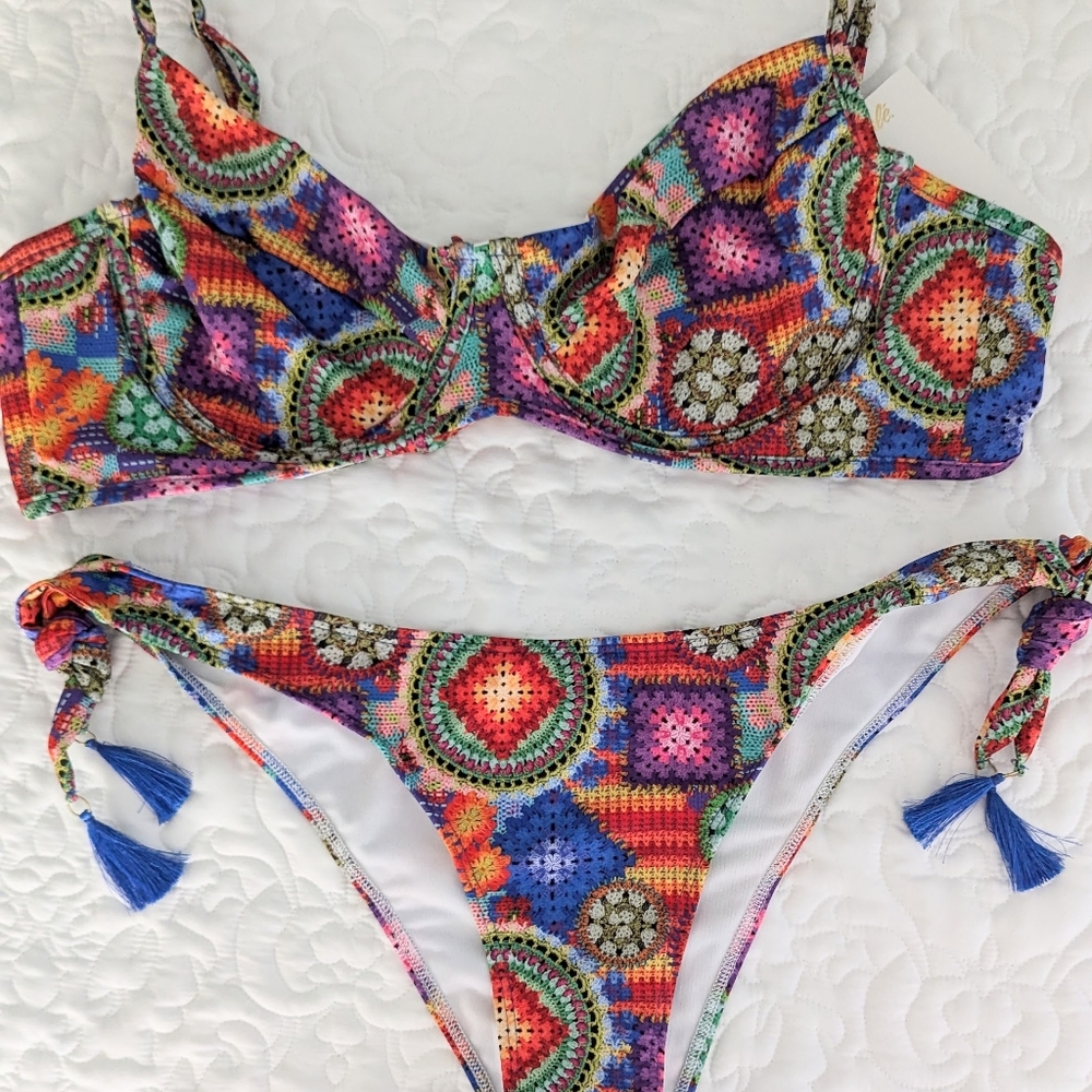 NWT Multicolor Mapale Crochet Look Two Piece Swimsuit